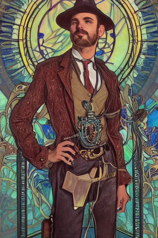 Prompt: a dramatic ethereal epic symmetrical painting of a handsome villainous cowboy standing in front of railroad tracks | his shirt is unbuttoned and he has a pocketwatch | tarot card, art deco, art nouveau, steampunk, homoerotic, realistic | by louis comfort tiffany and alphonse mucha | trending on artstation