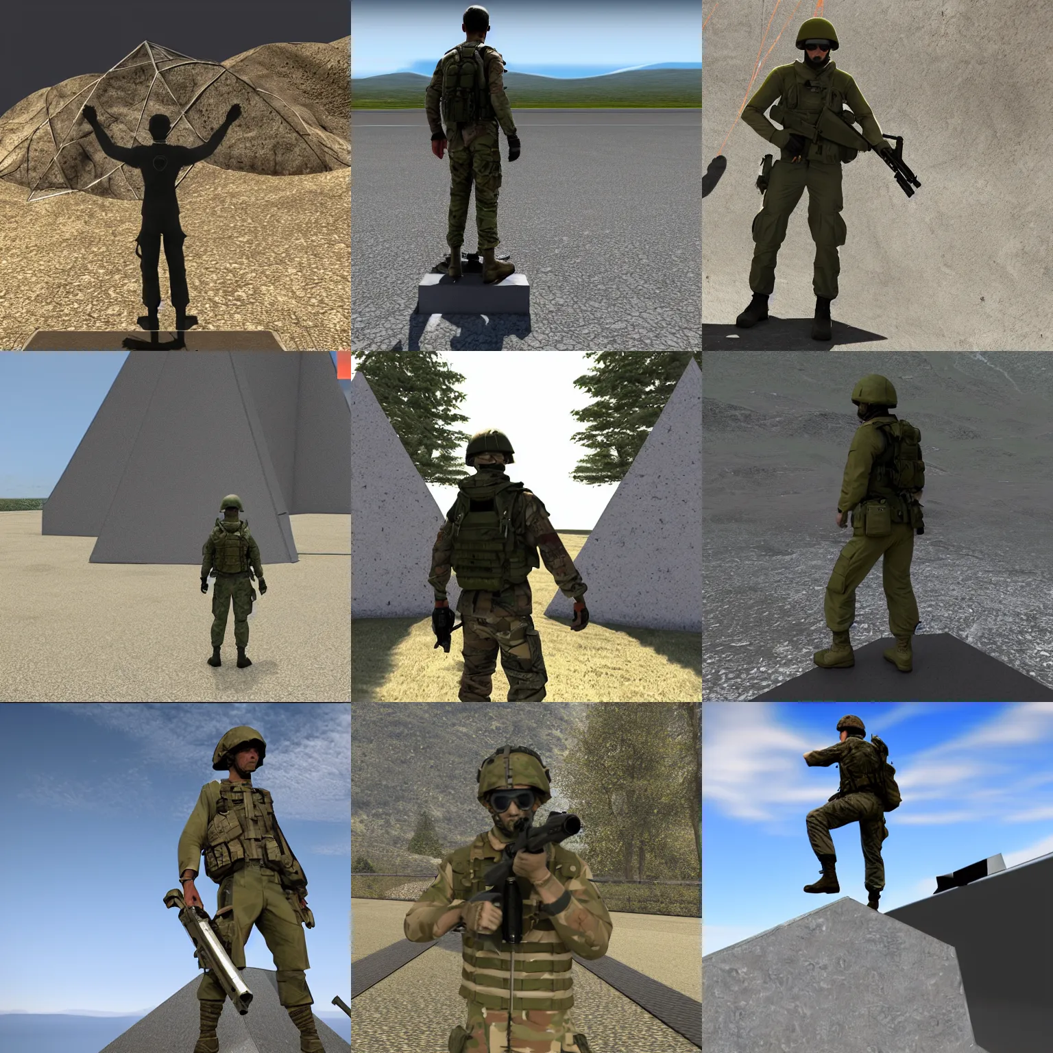 Prompt: an sas soldier standing in a t-pose on the side of a triangular prism, source engine