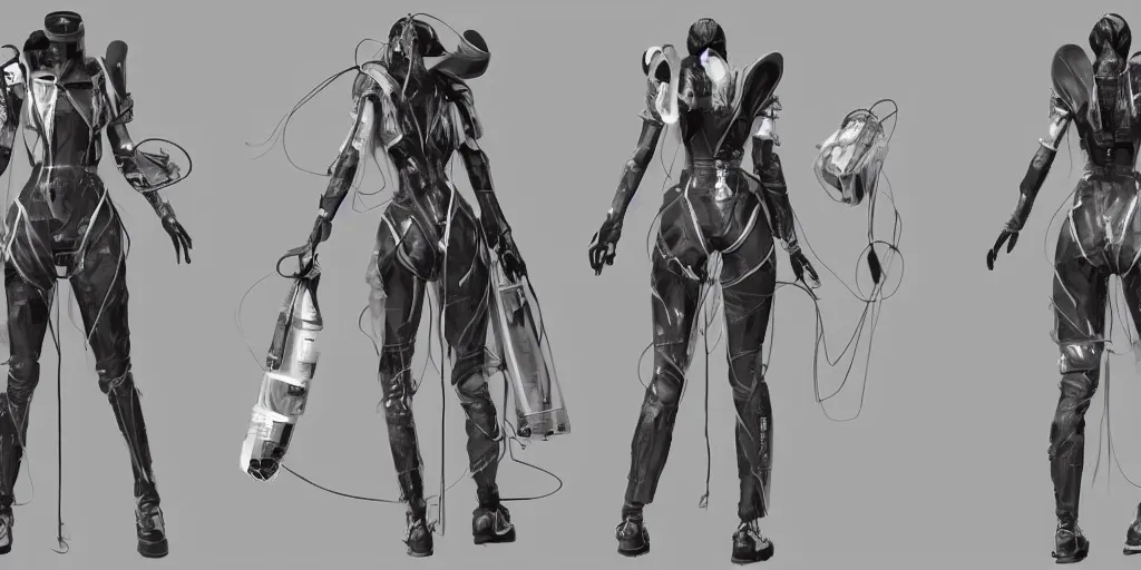 Image similar to Front and back view of a woman in scientist jacket with a system of straps and pouches for collecting material by Tetsuya Nomura with Ralph Horsley and Mario Testino, trending on artstation and pixiv clean sci-fi concept art and sheet that using unreal engine 5 render and hyper detailed 3D texture with cinematic software light
