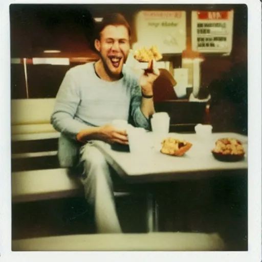 Prompt: polaroid photo of the happiest man in the world eating kfc