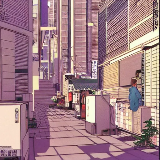 Image similar to japanese town, neighborhood, modern neighborhood, japanese city, underground city, modern city, tokyo - esque town, 2 0 0 1 anime, cel - shading, compact buildings, art by syd mead