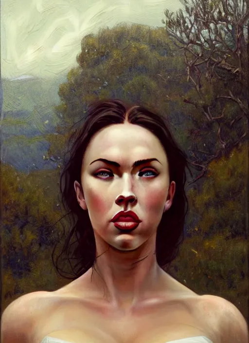 Image similar to megan fox kisses scarlet johansson countryside, calm, fantasy character portrait, dynamic pose, above view, sunny day, thunder clouds in the sky, artwork by jeremy lipkin and giuseppe dangelico pino very coherent asymmetrical artwork, sharp edges, perfect face, simple form, 1 0 0 mm