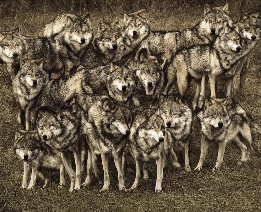 Prompt: a photograph of a pack of wolves by thomas rousset