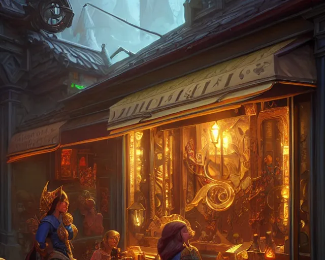 Image similar to shop front, deep focus, d & d, fantasy, intricate, elegant, highly detailed, digital painting, artstation, concept art, matte, sharp focus, illustration, hearthstone, art by artgerm and greg rutkowski and alphonse mucha