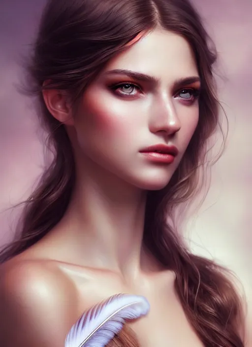 Prompt: a gorgeous female photo, professionally retouched, soft lighting, wearing a feather dress, realistic, smooth face, perfect eyes, wide angle, sharp focus on eyes, 8 k high definition, insanely detailed, intricate, elegant, art by artgerm and greg rutkowski and diego fazio