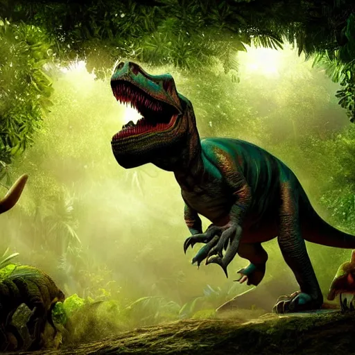 Prompt: dinosaur walking through a jungle, atmosperic, dramatic lighting, trending on artstation, ark survival evolved