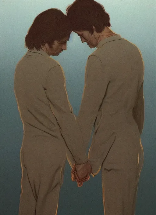 Prompt: Twin Peaks portrait of Mads Mikkelsen and Hugh Dancy holding hands romantically as they chaperone school dance by Zdzislaw Beksinski, Michael Whelan, Bob Larkin and Tomer Hanuka, simple illustration, domestic, nostalgic, clean, Matte painting, trending on artstation and unreal engine, New Yorker magazine cover, 1980s romance book cover