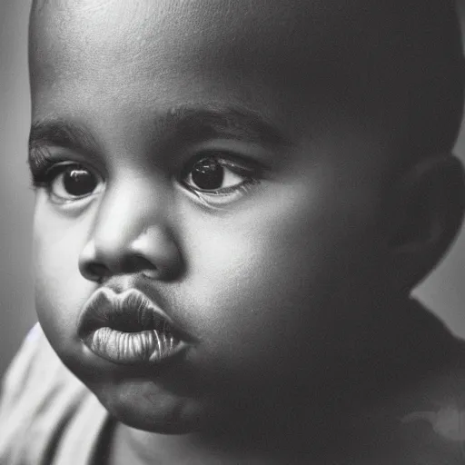 Image similar to the face of kanye west at 4 years old, portrait by julia cameron, chiaroscuro lighting, shallow depth of field, 8 0 mm, f 1. 8