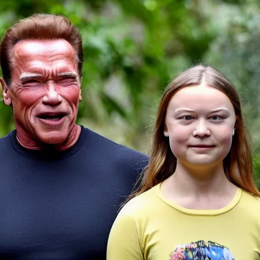 Prompt: Arnold Schwarzenegger and Greta Thunberg are happy together, promotional photograph, n -9 - i