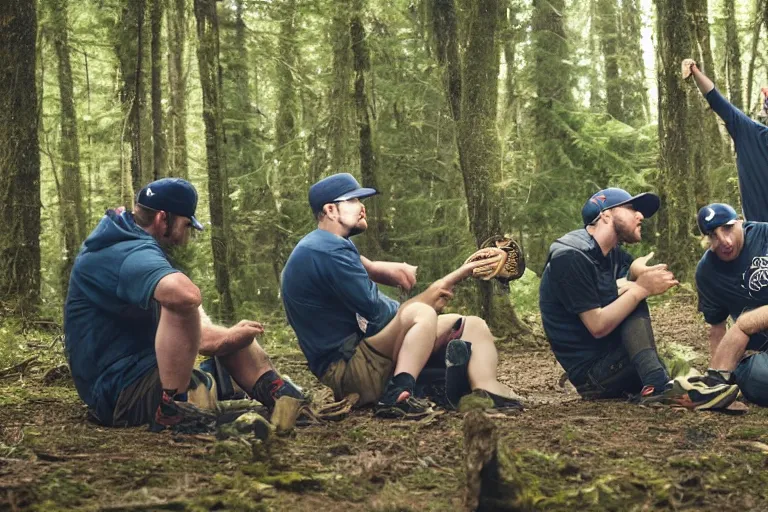 Image similar to mid - thirties guys in baseball caps binge drinking in a forest, in the style of skovgaard