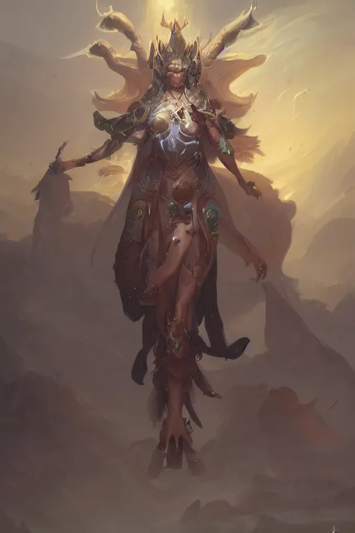 Image similar to high fantasy chaos goddess designed by peter mohrbacher, Greg rutkowski, blizzard concept artists, concept art, fantasy, 4k, CG render, octane, insanely detailed,