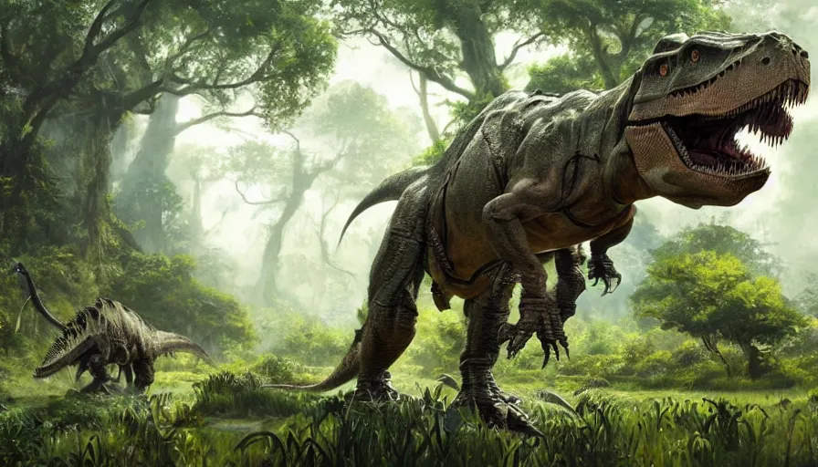 Prompt: A machinated dinosaur hybrid of a T-Rex standing tall within a lush green forest from the playstation 5 game Horizon:Zero Dawn world, the T-Rex is part machine part dinosaur, sci-fi concept art, highly detailed, oil on canvas by James Gurney