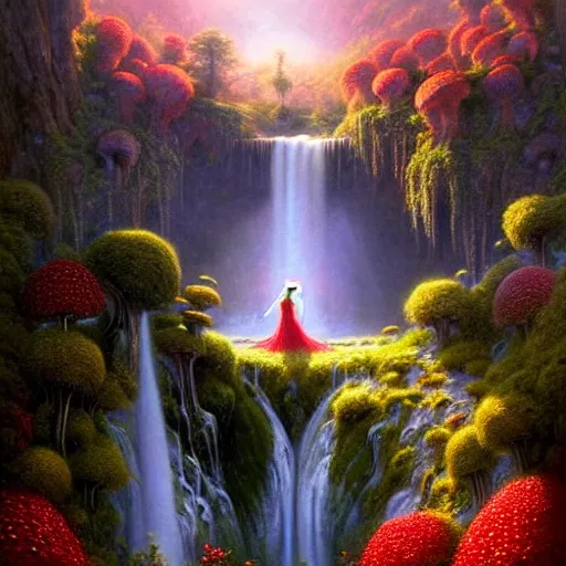 Image similar to an elegant fairy queen in a red lace dress sitting and looking out at a lord of the rings scenery landscape, vast lush valley flowers and giant mushroom structures, waterfall, river, sunrise, god's rays highly detailed, vivid colour, soft clouds, floral sunset, cinematic lighting, perfect composition, gustave dore, derek zabrocki, greg rutkowski, belsinski