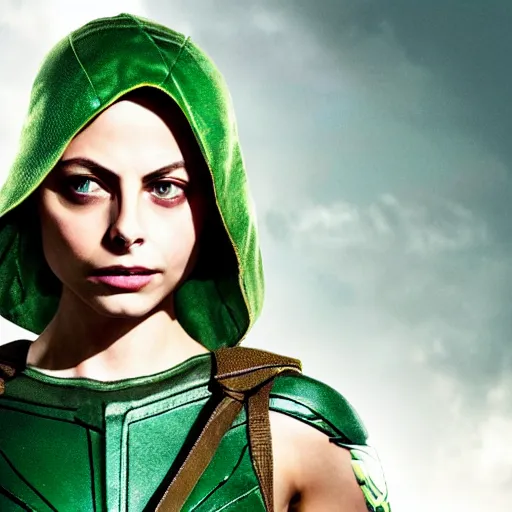 Prompt: film still of willa holland as a female green arrow in the 2 0 1 7 film justice league, focus on facial details, minimal bodycon feminine costume, dramatic cinematic lighting, inspirational tone, suspenseful tone, promotional art