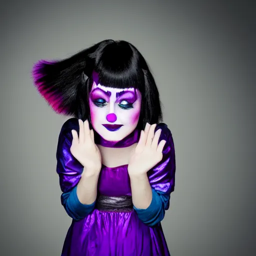 Image similar to a photo of a girl with black hair and bangs wearing a purple smeared clown make-up, focus shot, portrait, full moon lighting