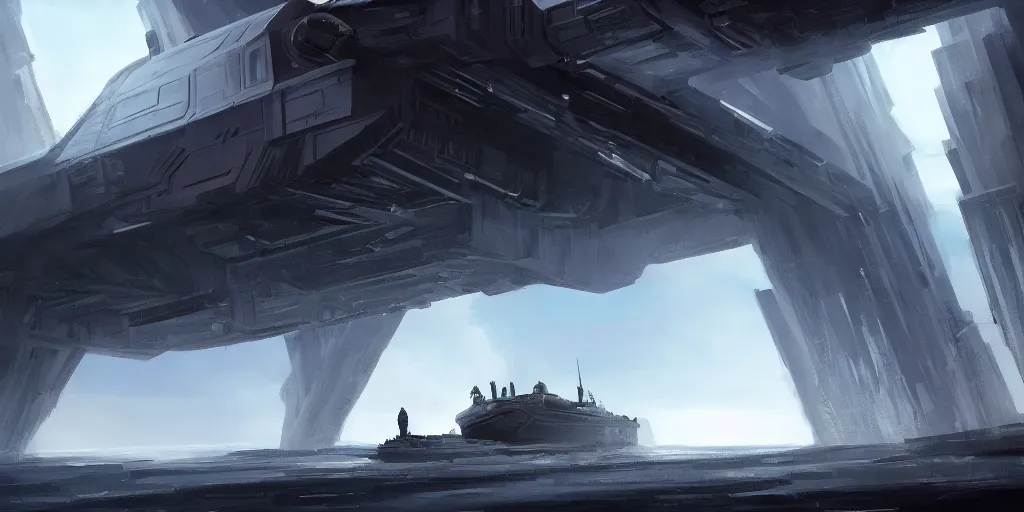 Prompt: an environmental concept art of a start destroyer bridge, interior, darth vader looks out a window onto the stars, highly detailed, environmental light, cinematic by francis tneh
