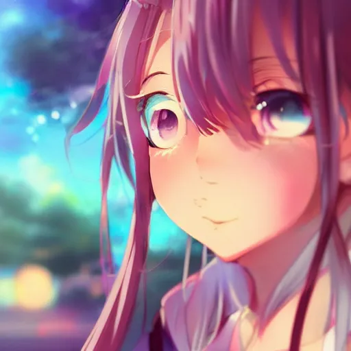 Prompt: artwork of an anime girl with light blue and pink pigtails, trending on artstation, super detailed, bokeh, by thomas kinkade and makoto shinkai