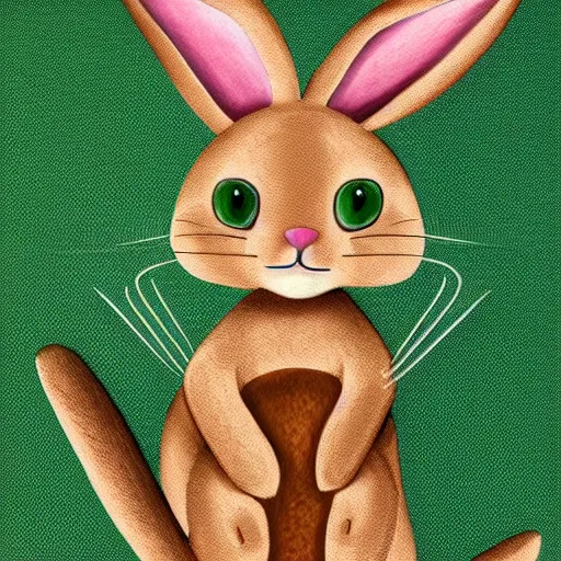 Prompt: detailed paint of a cute beige rabbit with cat's paws and cat's muzzle, big green eyes, long tail and long floppy ears