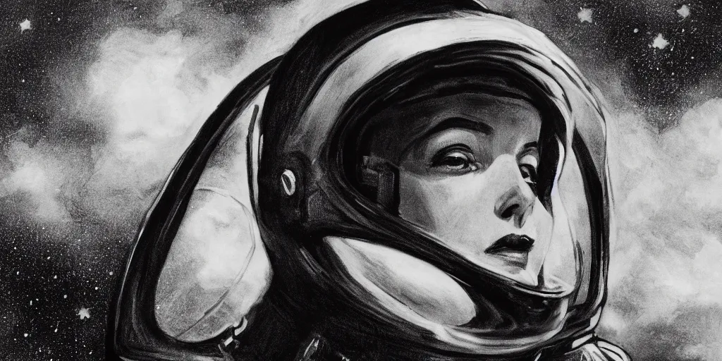 Image similar to charcoal portrait of a woman wearing a space helmet, scifi, big clouds visible in the background, stars in the sky, high contrast, deep black tones, charcoal smears