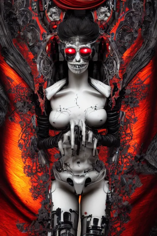 Prompt: full-body cyberpunk style sculpture of a young beautiful dark priestess, half android with a head opening exposing circuitry, glowing red eyes, black roses, flowing blood red colored silk, fabric, candles. baroque elements. human skull. full-length view. baroque element. intricate artwork by caravaggio. crows flying in background. Trending on artstation, octane render, cinematic lighting from the right, hyper realism, octane render, 8k, depth of field, 3D