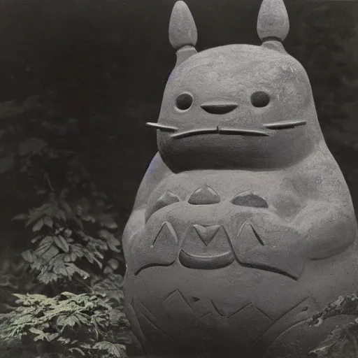 Image similar to vintage photograph of a stone totoro god statue in the deep forest by edward s curtis, realistic, trending on artstation, 4k,