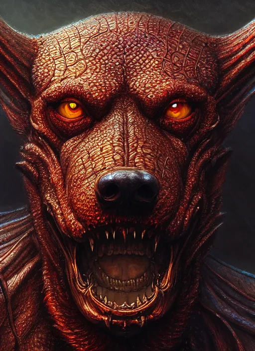 Prompt: closeup portrait shot of a hellhound in a scenic dystopian environment, intricate, elegant, highly detailed, centered, digital painting, artstation, concept art, smooth, sharp focus, illustration, artgerm, tomasz alen kopera, peter mohrbacher, donato giancola, joseph christian leyendecker, wlop, boris vallejo