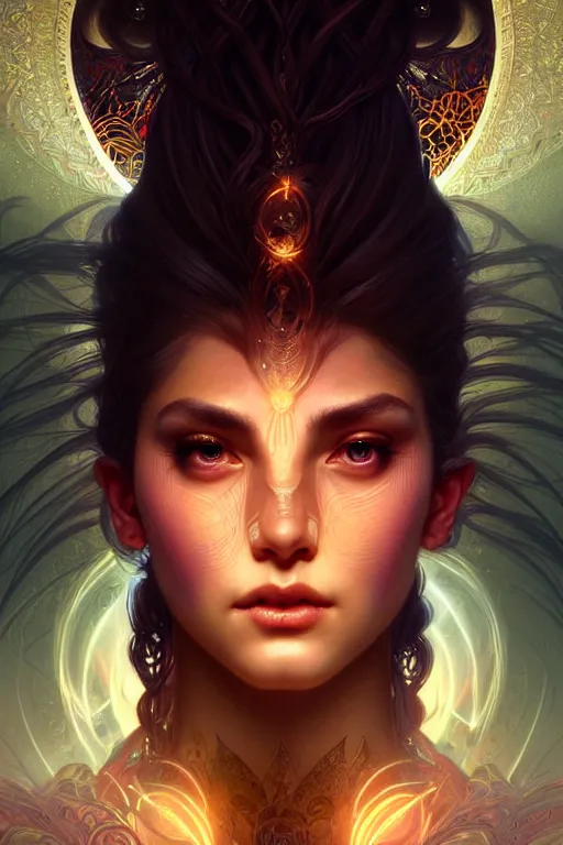 Image similar to dmt goddess closeup filled background around face, fantasy magic, undercut hairstyle, dark light night, intricate, elegant, sharp focus, illustration, highly detailed, digital painting, concept art, matte, art by wlop and artgerm and greg rutkowski and alphonse mucha, masterpiece