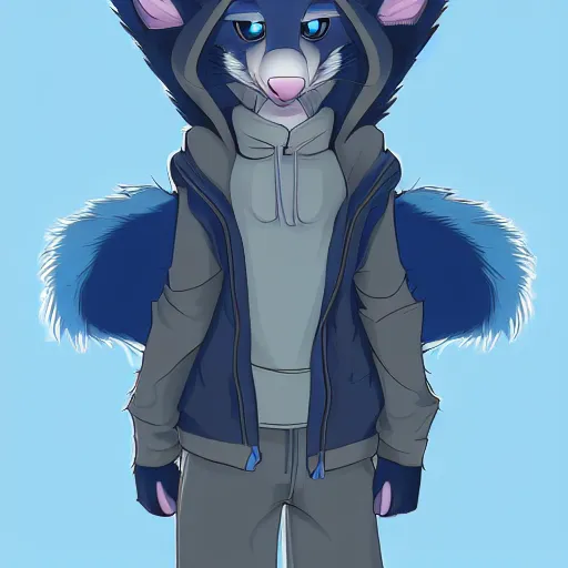Prompt: an anthro anthropomorphic furry fursona hybrid of a blue german shepherd and a blue fox, with blue fur and blue eyes in a hoodie, award winning digital art, trending on furaffinity, artstation, pixiv