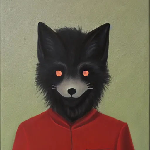 Image similar to portrait of a male anthro anthropomorphic black fox furry fursona with hands on eyes, wearing a suit, 1 9 7 0 s oil on canvas painting, by famous artist jylon denja