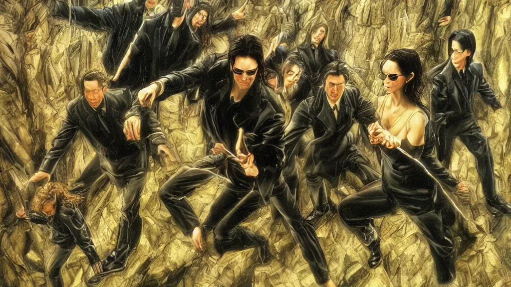 Image similar to an oil painting in the style of alan lee depicting the plot of the movie the matrix ( 1 9 9 9 )