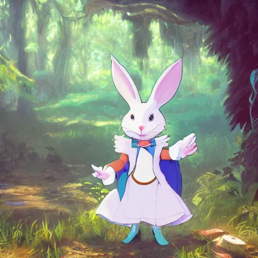 Image similar to concept art painting of an anthropomorphic white rabbit wearing a turquoise dress, in the deep forest, realistic, detailed, cel shaded, in the style of makoto shinkai and greg rutkowski and james gurney