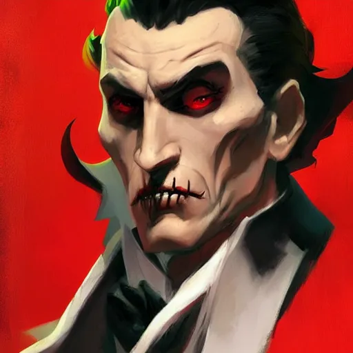 Image similar to greg manchess painting of dracula as an overwatch character, profile picture, matte painting, bold shapes, hard edges, street art, trending on artstation, by huang guangjian and gil elvgren and sachin teng