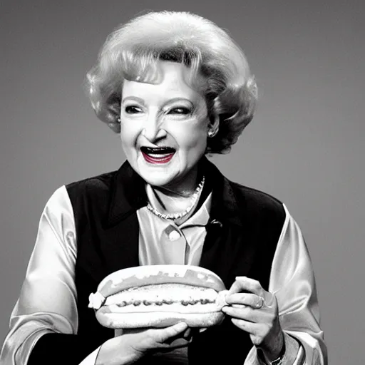 Image similar to betty white eating a hotdog on the moon