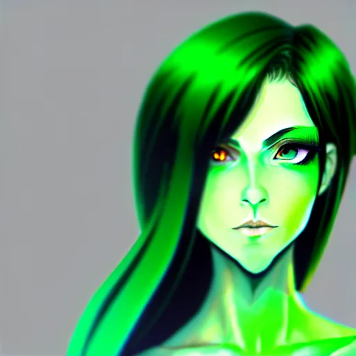 Image similar to a woman with dark green hair and glowing green eyes, anime, artstation, trending on artstation, high quality