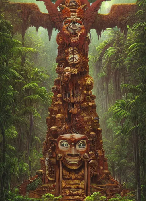 Image similar to a totem in the jungle representing amazonian shamanic tradition, tribal masks, totem, hyper detailed, art by christophe vacher