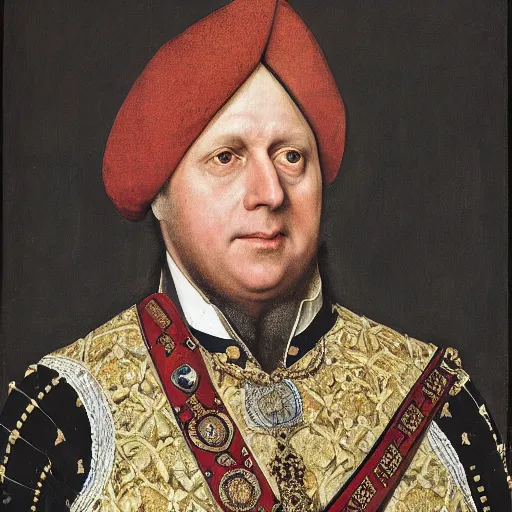 Image similar to Painting of the Ruler of the British Raj, the King Boris Johnson, painted by Hans Holbein, intricate, hyper-detailed, exhibited at the British Museum