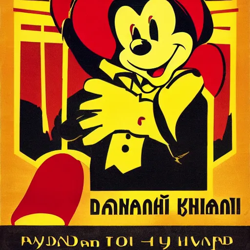 Image similar to Disneyland in the style of a 1930's soviet propganda poster, yellow, black, red, grainy, disneyland