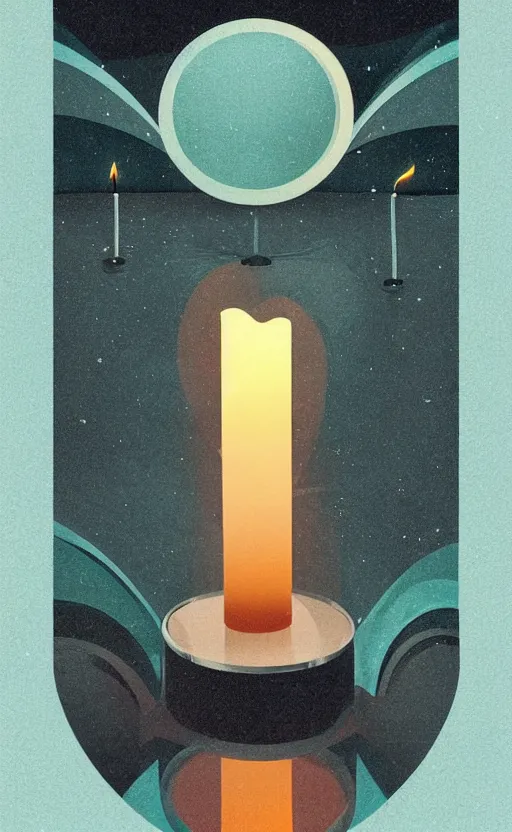 Image similar to illustration with beautiful scented candles, close - up photo in cozy interior, candle lighting, shadow play, light refraction, mirror, glowing, an art deco painting by tom whalen, trending on behance, art deco, digital illustration, storybook illustration, grainy texture, flat shading, vector art, airbrush, pastel, watercolor, poster