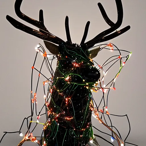 Image similar to Hyperrealistic rendering of a tall fantasy Reindeer sculpture made of wire and Christmas lights, 4k, sigma 35mm