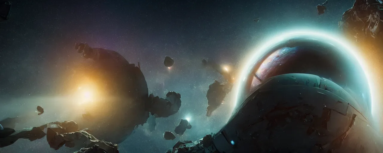 Image similar to movie still, thin galactic horizon, a dark epic galaxy, space scene, dark scifi, unreal engine, octane render, detailed and intricate, global illumination, volumetric lighting, hubble telescope images, james webb telescope images, houdini fluid simulation, detailed and intricate environment