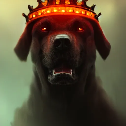 Prompt: cinematic portrait of brutal epic dark dog with crown, concept art, artstation, glowing lights, highly detailed