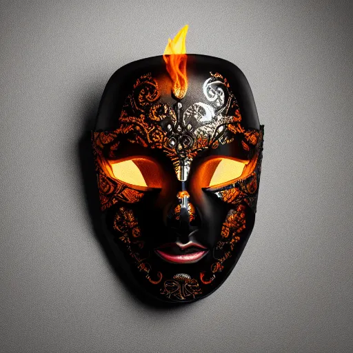 Image similar to an elaborate intricate mask made of flames on an obsidian slab, rendered in octane, behance hd, bokeh obsidian backdrop