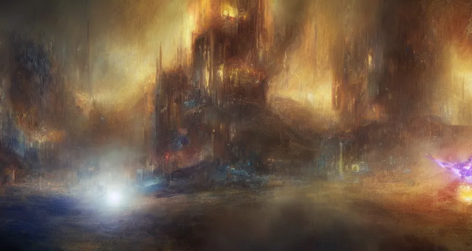 Image similar to Mech robot city under attack. By Joseph Mallord William Turner, fractal flame, highly detailded