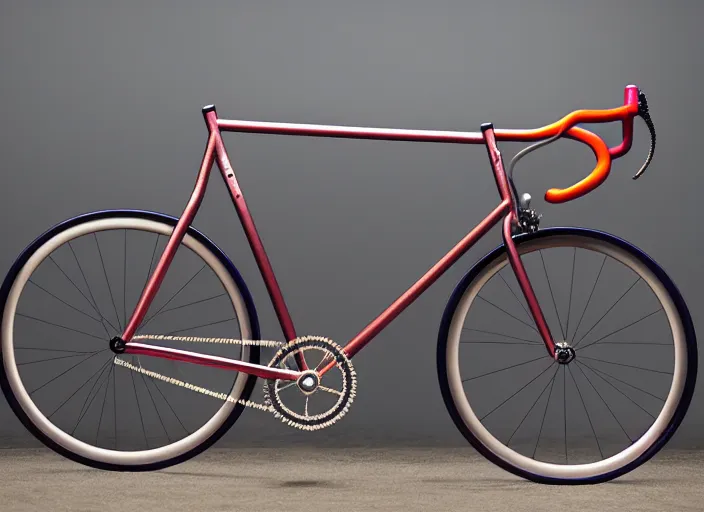 Prompt: prompt : hyperreal 8 k photo of unique wierd crazy pedalroom fixed gear yamaguchi 3 reshno samson njs fixed gear olympic bike frameset, mash sf, photo realistic hyper real, 1 4 4 bcd, track bike, intricate hyper detailed photograph, steel bike, engineering, track bike, carbon details, steel frame, pedalroom build
