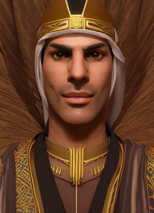 Prompt: portrait of sheikh ruler of dubai, djinn, head and torso only, cinematic lighting, studio quality, smooth render, unreal engine 5 rendered, octane rendered, art style by klimt and nixeu and ian sprigger and wlop and krenz cushart.