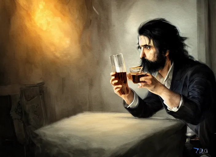Image similar to A handsome Frenchman with beard and long black hair toasting with the devil drinking whiskey, watercolor, dramatic lighting, cinematic, establishing shot, extremely high detail, foto realistic, cinematic lighting, digital art, vector, by Yoshitaka Amano, Ruan Jia, Kentaro Miura, Artgerm, post processed, concept art, artstation, matte painting, style by eddie mendoza, raphael lacoste, alex ross