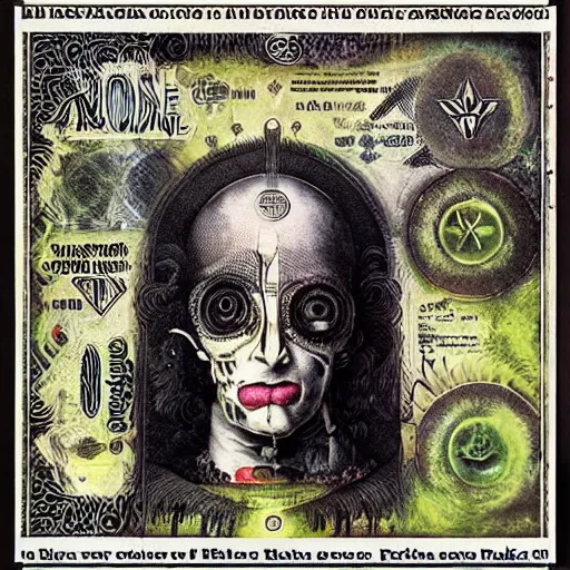 Image similar to post - punk new age album cover, asymmetrical design, dollar bank notes, capitalism, magic, apocalypse, psychedelic, black white pink, highly detailed, magic, giger h. r., giuseppe arcimboldo