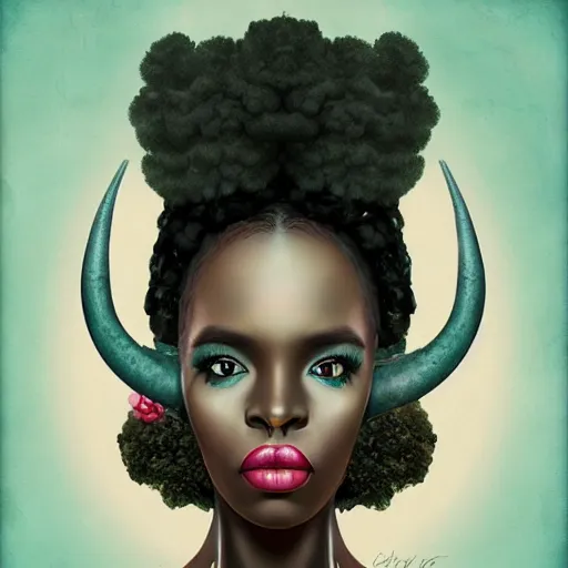 Image similar to portrait of a black woman with an afro ,inspired by Natalie Shau, Anna dittmann, plants growing on the head, horns,cinematic