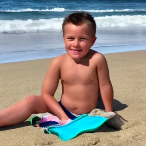 Prompt: a photo of kellen sitting in the beach.