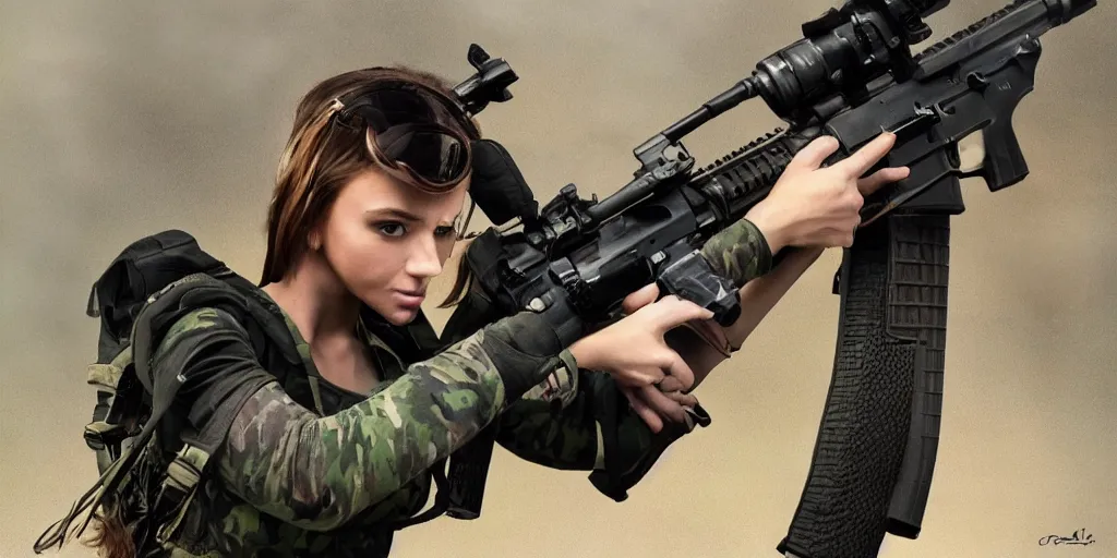 Prompt: hyperrealistic photo of a hot girl holding an ar - 1 5, 8 k